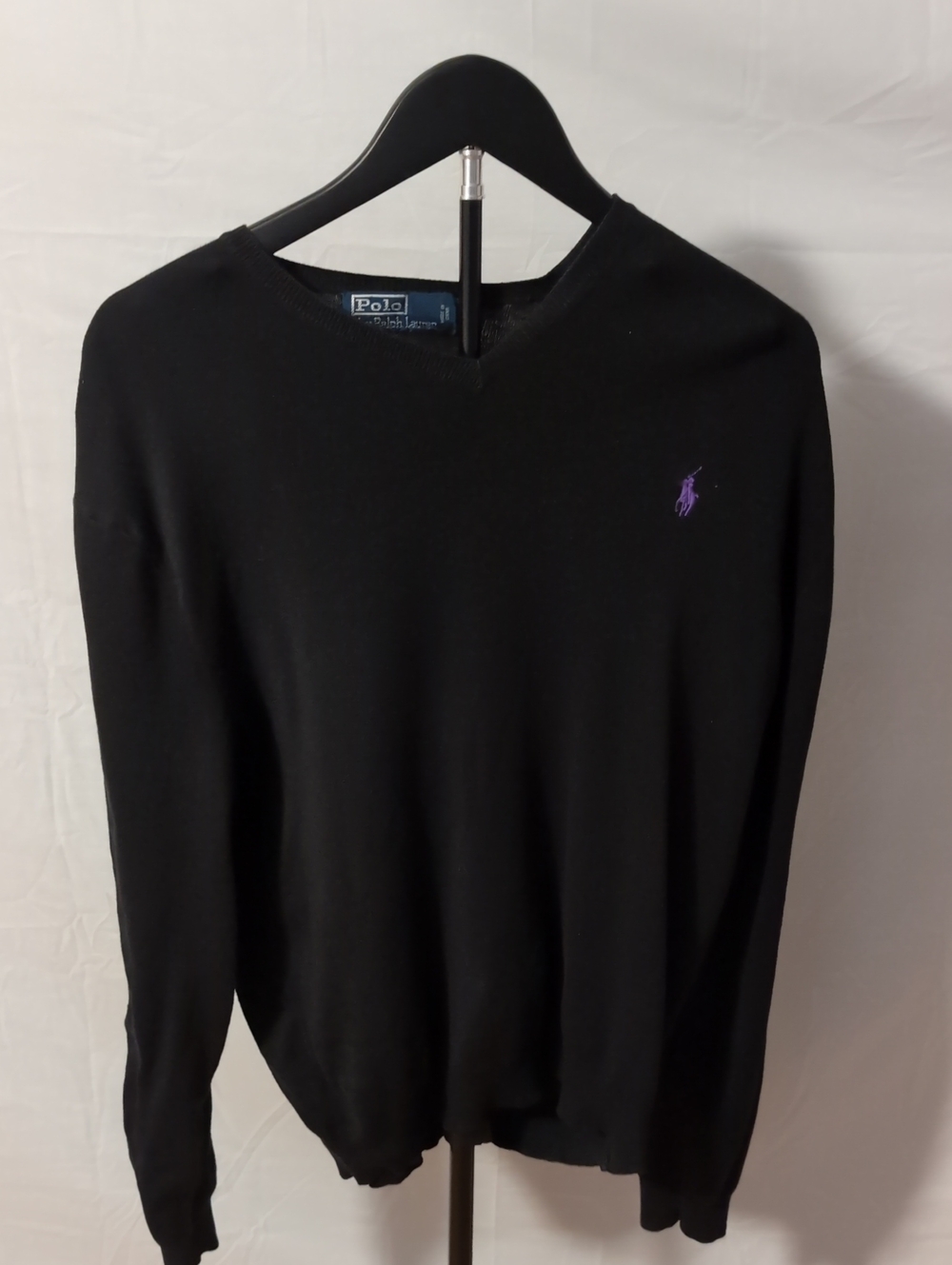 Polo Ralph Lauren Pima Cotton V-Neck Sweater Black Purple Pony Old Money Small